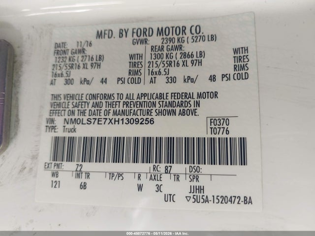 2017 Ford Transit Connect Xl მანქანა იყიდება აუქციონზე, vin: NM0LS7E7XH1309256, აუქციონის ნომერი: 45072776