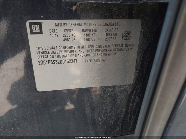 45072779 :رقم المزاد ، 2G61P5S32D9152347 vin ، 2013 Cadillac Xts Luxury مزاد بيع