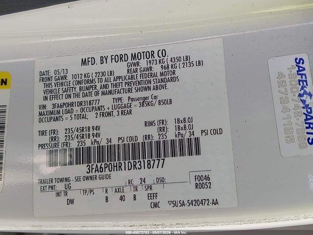 Продажа на аукционе авто 2013 Ford Fusion Se, vin: 3FA6P0HR1DR318777, номер лота: 45072783