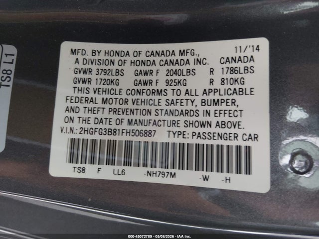 2HGFG3B81FH506887 Honda CIVIC EX