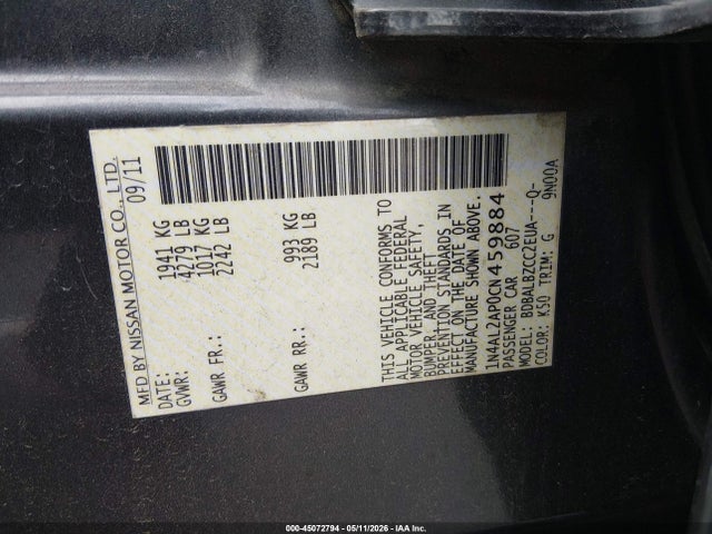 Aukcja sprzedaży 2012 Nissan Altima 2.5 S, vin: 1N4AL2AP0CN459884, numer aukcji: 45072794