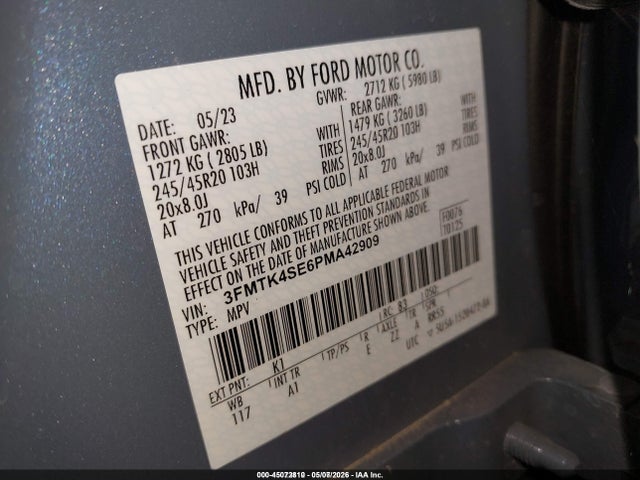 45072810 :رقم المزاد ، 3FMTK4SE6PMA42909 vin ، 2023 Ford Mustang Mach-e Gt مزاد بيع