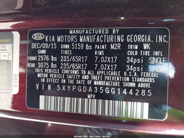 45072832 :رقم المزاد ، 5XYPGDA35GG144285 vin ، 2016 Kia Sorento 2.4l Lx مزاد بيع