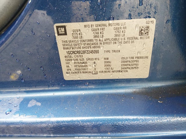 45072840 :رقم المزاد ، 1GCRCREC8FZ245090 vin ، 2015 Chevrolet Silverado 1500 1lt مزاد بيع