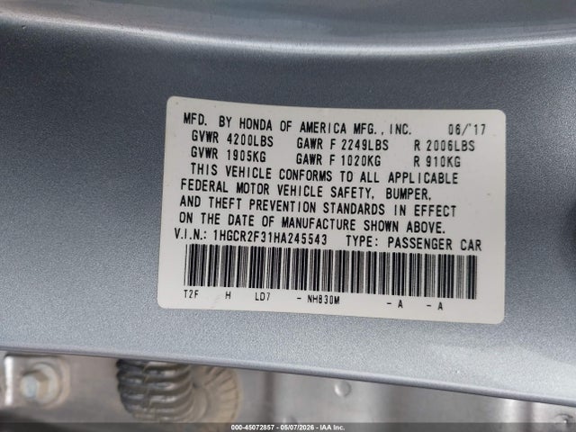 Продаж на аукціоні авто 2017 Honda Accord Lx, vin: 1HGCR2F31HA245543, номер лоту: 45072857