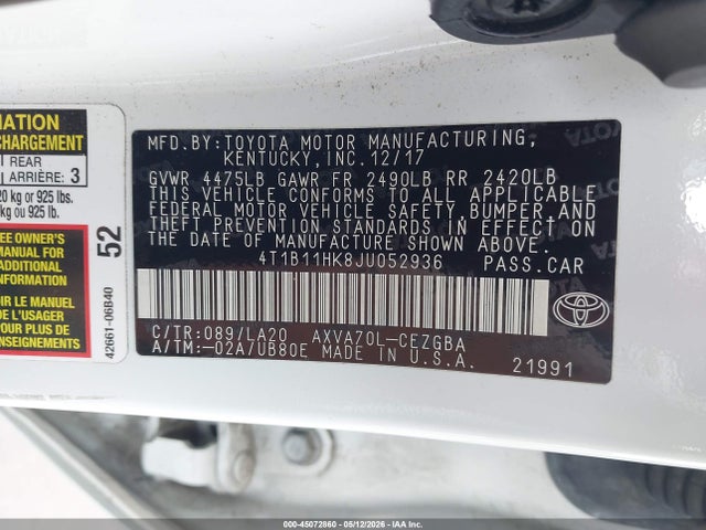 Продажа на аукционе авто 2018 Toyota Camry Xle, vin: 4T1B11HK8JU052936, номер лота: 45072860