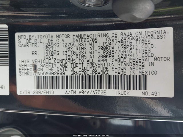 45072875 :رقم المزاد ، 3TMKU72N55M002989 vin ، 2005 Toyota Tacoma Prerunner V6 مزاد بيع