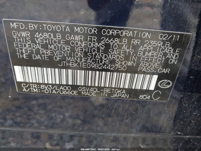 Продажа на аукционе авто 2011 Lexus Es 350, vin: JTHBK1EG9B2442750, номер лота: 45072882