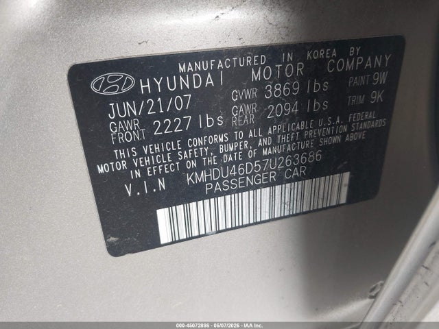 Aukcja sprzedaży 2007 Hyundai Elantra Gls/limited/se, vin: KMHDU46D57U263686, numer aukcji: 45072886