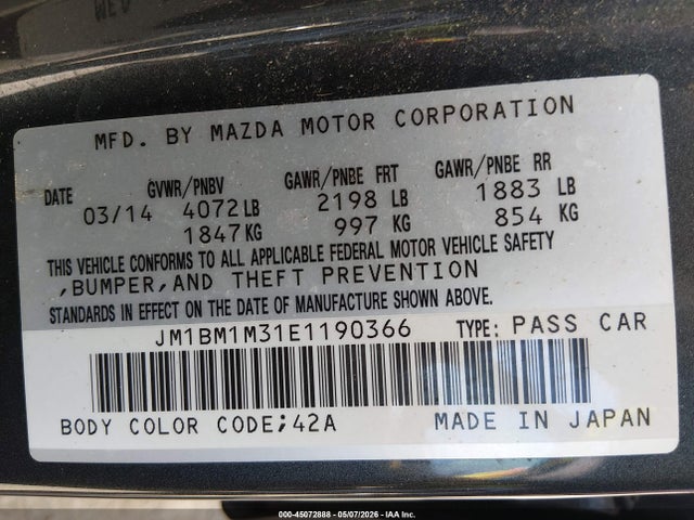 Aukcja sprzedaży 2014 Mazda Mazda3 S Grand Touring, vin: JM1BM1M31E1190366, numer aukcji: 45072888