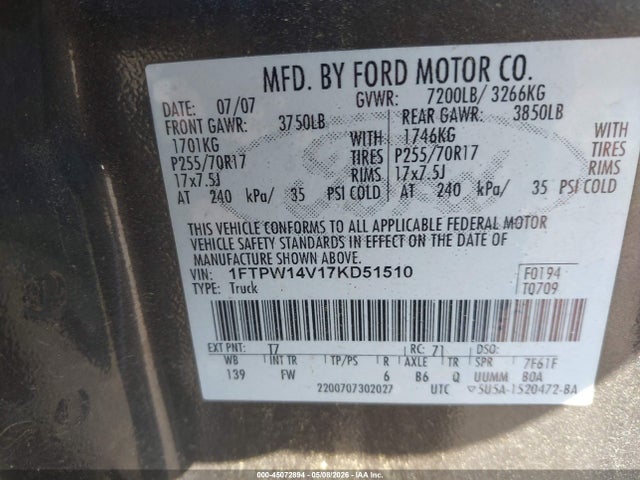 2007 Ford F-150 Fx4/lariat/xlt მანქანა იყიდება აუქციონზე, vin: 1FTPW14V17KD51510, აუქციონის ნომერი: 45072894