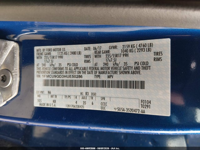 2017 Ford Escape Se მანქანა იყიდება აუქციონზე, vin: 1FMCU9GD3HUE50286, აუქციონის ნომერი: 45072898