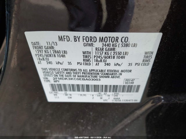 45072900 :رقم المزاد ، 2FMDK3KC0EBA03003 vin ، 2014 Ford Edge Limited مزاد بيع