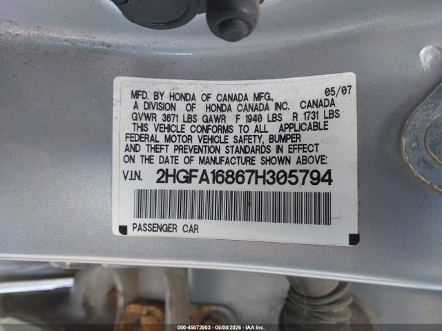 2007 Honda Civic Ex მანქანა იყიდება აუქციონზე, vin: 2HGFA16867H305794, აუქციონის ნომერი: 45072903