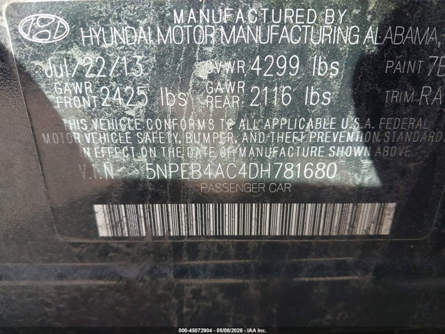 45072904 :رقم المزاد ، 5NPEB4AC4DH781680 vin ، 2013 Hyundai Sonata Gls مزاد بيع