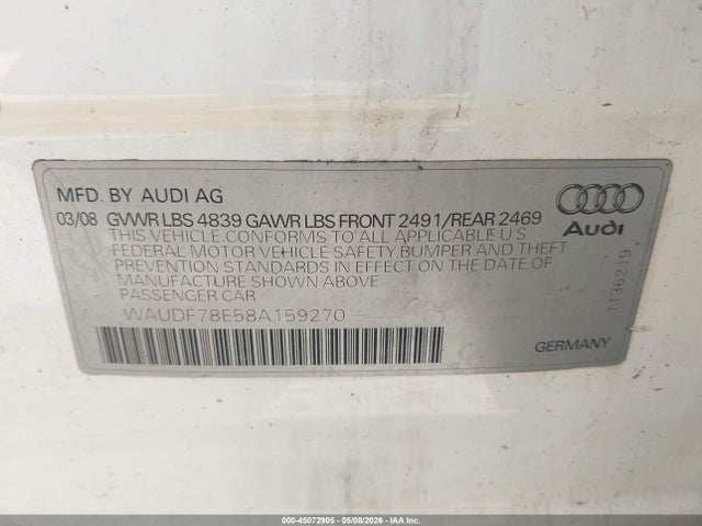 45072905 :رقم المزاد ، WAUDF78E58A159270 vin ، 2008 Audi A4 2.0t/2.0t Special Edition مزاد بيع