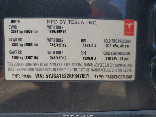 45072913 :رقم المزاد ، 5YJSA1E22KF347601 vin ، 2019 Tesla Model S 100d/75d/long Range/standard Range مزاد بيع