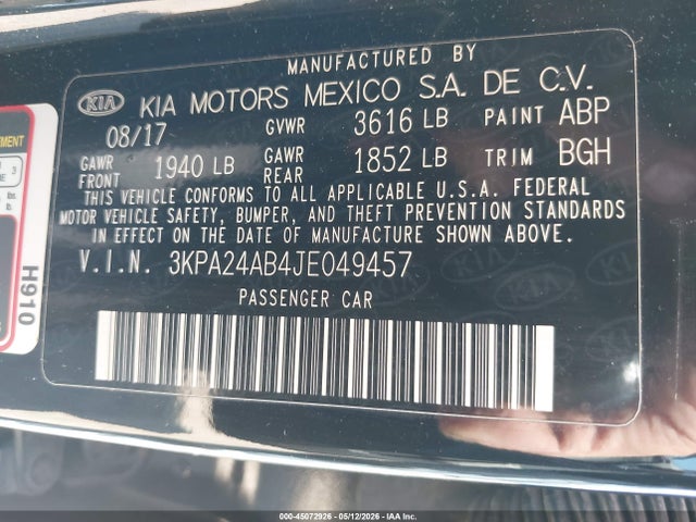 45072926 :رقم المزاد ، 3KPA24AB4JE049457 vin ، 2018 Kia Rio Lx مزاد بيع