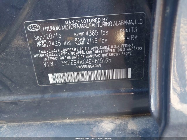 2014 Hyundai Sonata Gls მანქანა იყიდება აუქციონზე, vin: 5NPEB4AC4EH815165, აუქციონის ნომერი: 45072934