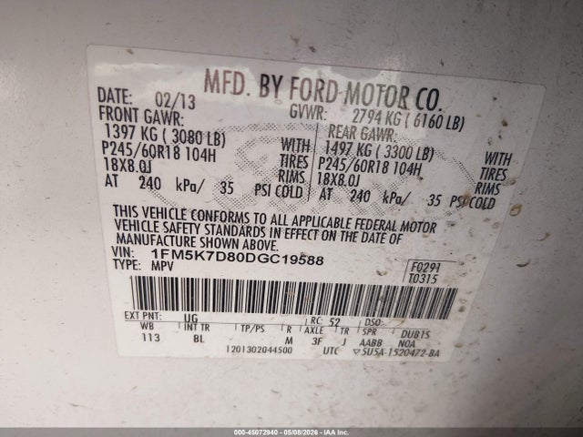 Продажа на аукционе авто 2013 Ford Explorer Xlt, vin: 1FM5K7D80DGC19588, номер лота: 45072940