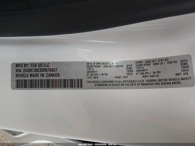 Продажа на аукционе авто 2025 Chrysler Pacifica Select, vin: 2C4RC1BG3SR575457, номер лота: 45072941
