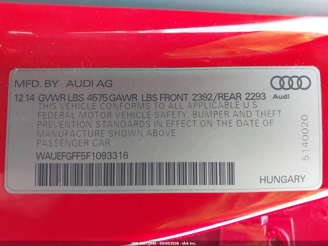 45072948 :رقم المزاد ، WAUEFGFF5F1093316 vin ، 2015 Audi A3 2.0t Premium مزاد بيع