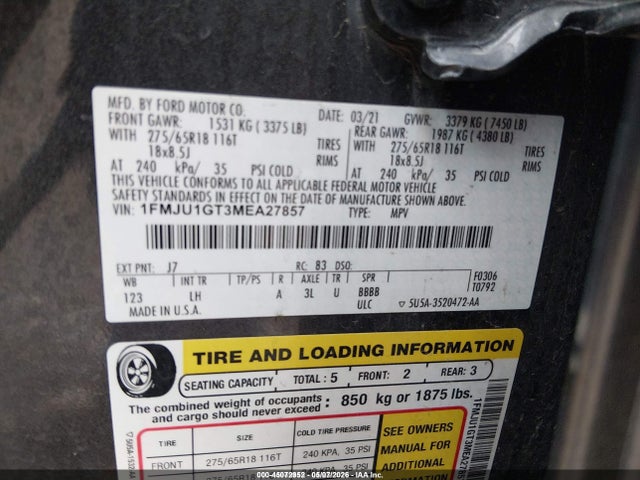 2021 Ford Expedition Xl მანქანა იყიდება აუქციონზე, vin: 1FMJU1GT3MEA27857, აუქციონის ნომერი: 45072952
