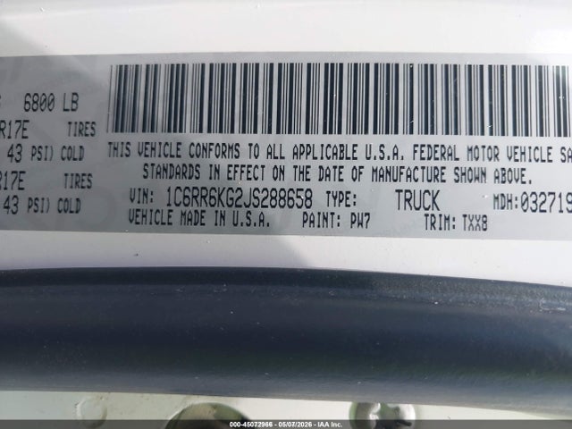 Продажа на аукционе авто 2018 Ram 1500 Tradesman  4x2 5'7 Box, vin: 1C6RR6KG2JS288658, номер лота: 45072966