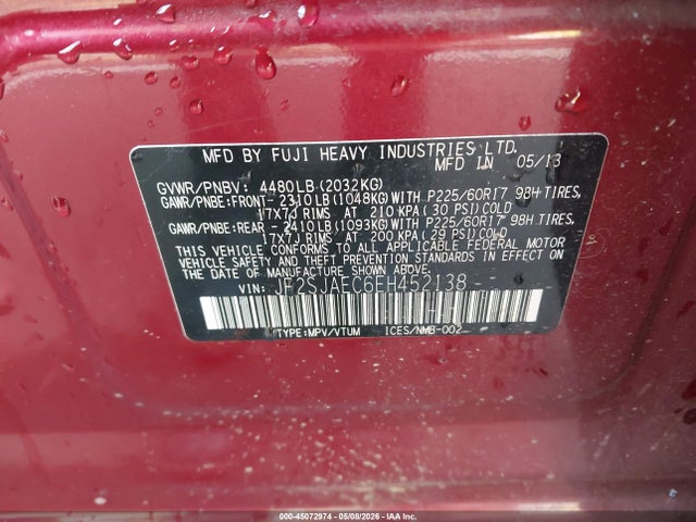 2014 Subaru Forester 2.5i Premium მანქანა იყიდება აუქციონზე, vin: JF2SJAEC6EH452138, აუქციონის ნომერი: 45072974