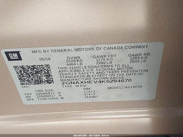Aukcja sprzedaży 2019 Chevrolet Equinox Ls, vin: 2GNAXHEV4K6294670, numer aukcji: 45072981