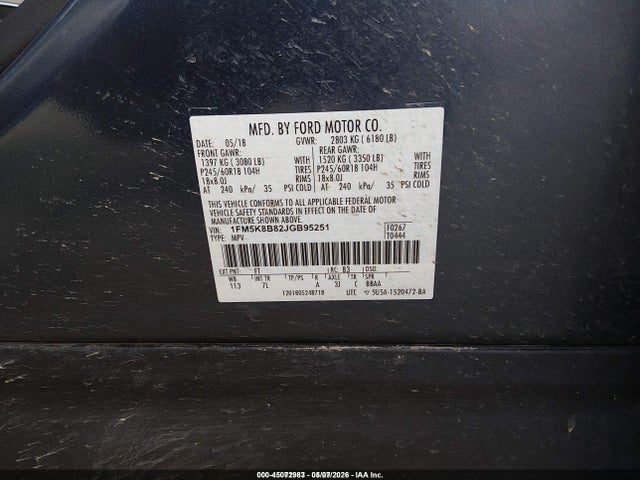 1FM5K8B82JGB95251 Ford Explorer