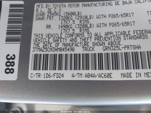 2017 Toyota Tacoma Trd Sport მანქანა იყიდება აუქციონზე, vin: 3TMAZ5CN3HM045490, აუქციონის ნომერი: 45072985