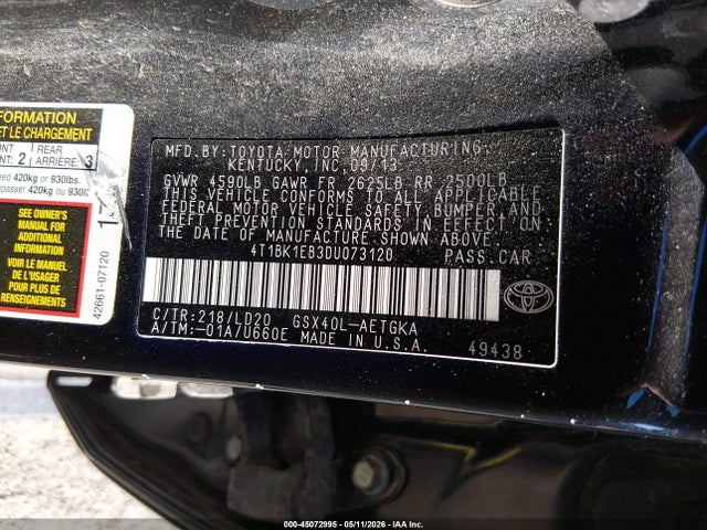 45072995 :رقم المزاد ، 4T1BK1EB3DU073120 vin ، 2013 Toyota Avalon Xle مزاد بيع