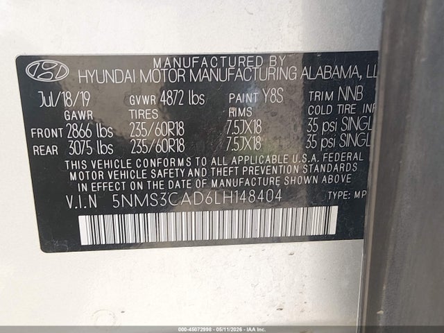 Hyundai Santa Fe Sel 2020 5NMS3CAD6LH148404 Image 9