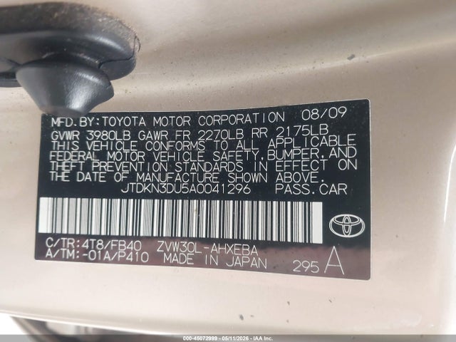 Aukcja sprzedaży 2010 Toyota Prius Ii, vin: JTDKN3DU5A0041296, numer aukcji: 45072999