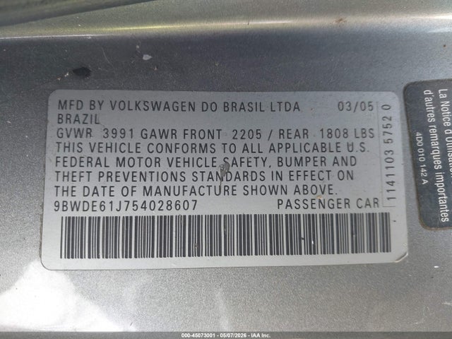 2005 Volkswagen Gti 1.8t მანქანა იყიდება აუქციონზე, vin: 9BWDE61J754028607, აუქციონის ნომერი: 45073001