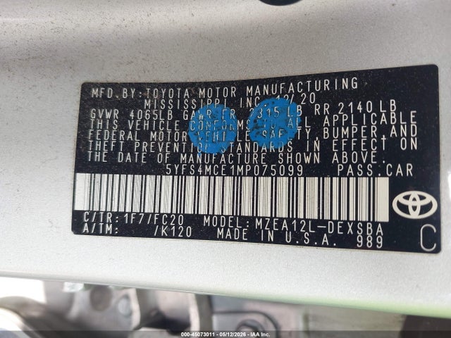 Aukcja sprzedaży 2021 Toyota Corolla Se, vin: 5YFS4MCE1MP075099, numer aukcji: 45073011