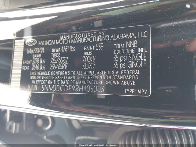 Aukcja sprzedaży 2024 Hyundai Tucson Sel, vin: 5NMJBCDE9RH405003, numer aukcji: 45073031