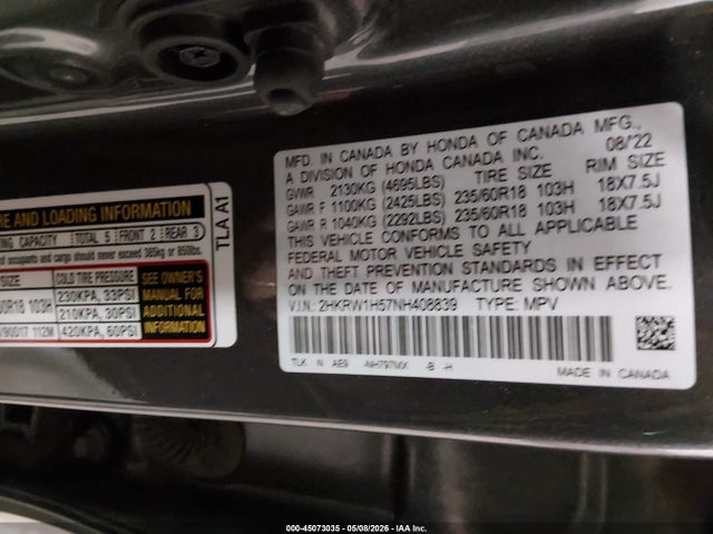 Aukcja sprzedaży 2022 Honda Cr-v 2wd Ex, vin: 2HKRW1H57NH408839, numer aukcji: 45073035