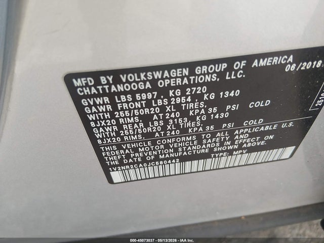 Aukcja sprzedaży 2018 Volkswagen Atlas 3.6l V6 Sel Premium, vin: 1V2NR2CA0JC580442, numer aukcji: 45073037