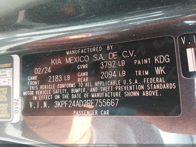 Aukcja sprzedaży 2024 Kia Forte Lxs, vin: 3KPF24AD2RE755667, numer aukcji: 45073040