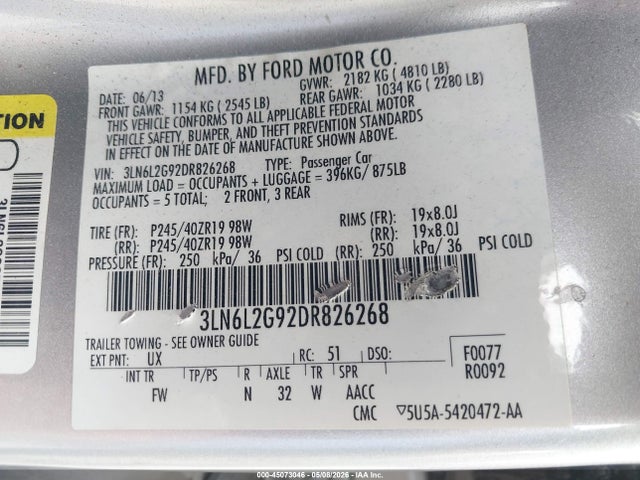 2013 Lincoln Mkz მანქანა იყიდება აუქციონზე, vin: 3LN6L2G92DR826268, აუქციონის ნომერი: 45073046