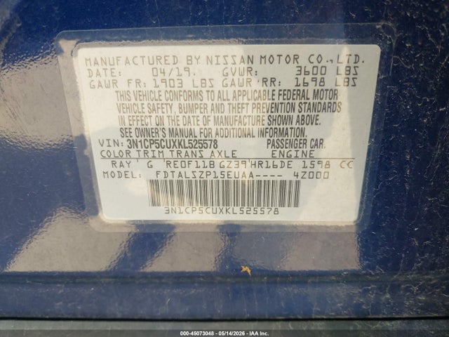 Aukcja sprzedaży 2019 Nissan Kicks Sv, vin: 3N1CP5CUXKL525578, numer aukcji: 45073048