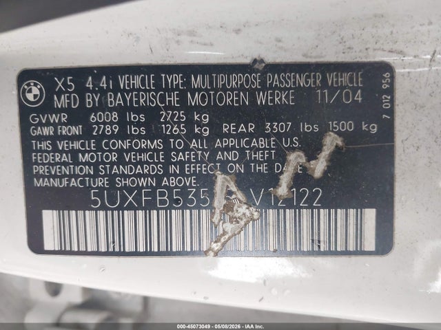 2005 Bmw X5 4.4i მანქანა იყიდება აუქციონზე, vin: 5UXFB53515LV12122, აუქციონის ნომერი: 45073049