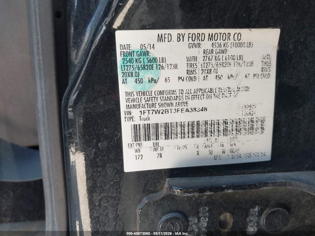 Aukcja sprzedaży 2015 Ford F-250 Lariat, vin: 1FT7W2BT3FEA38348, numer aukcji: 45073060