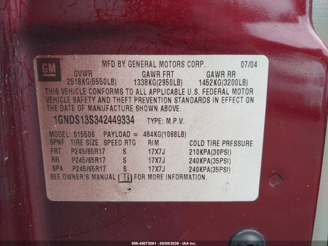 Aukcja sprzedaży 2004 Chevrolet Trailblazer Lt, vin: 1GNDS13S342449334, numer aukcji: 45073061