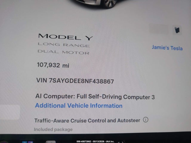 Auction sale of the 2022 Tesla Model Y Long Range Dual Motor All-wheel Drive, vin: 7SAYGDEE8NF438867, lot number: 45073062