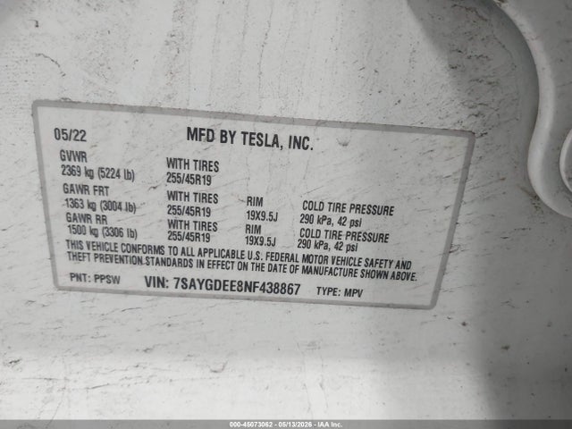 Auction sale of the 2022 Tesla Model Y Long Range Dual Motor All-wheel Drive, vin: 7SAYGDEE8NF438867, lot number: 45073062