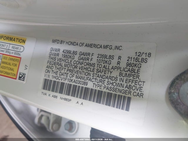 Aukcja sprzedaży 2019 Honda Accord Lx, vin: 1HGCV1F10KA030389, numer aukcji: 45073064