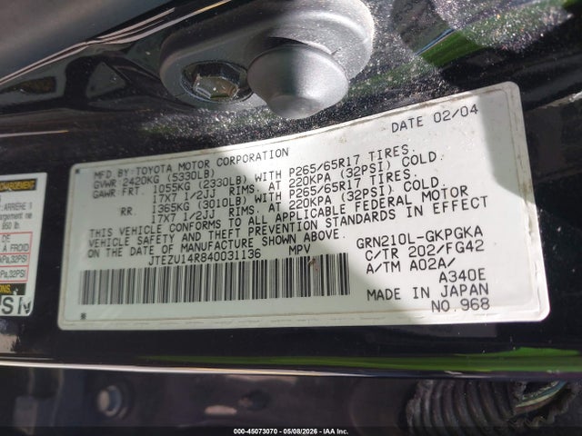 2004 Toyota 4runner Sr5 V6 მანქანა იყიდება აუქციონზე, vin: JTEZU14R840031136, აუქციონის ნომერი: 45073070
